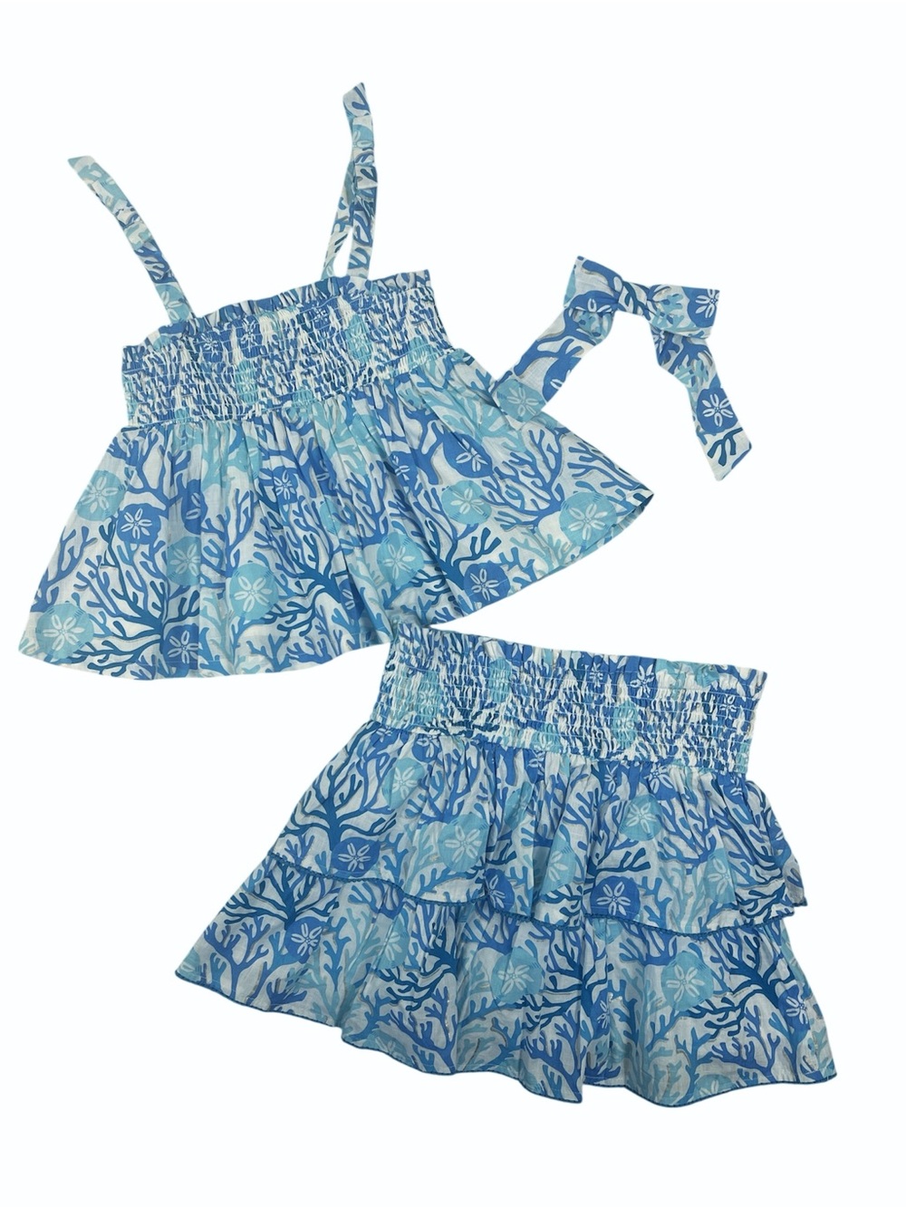 Haute Hippie girls 3 pc set top ruffle skirt hair bow, seashells reefs size 7/8